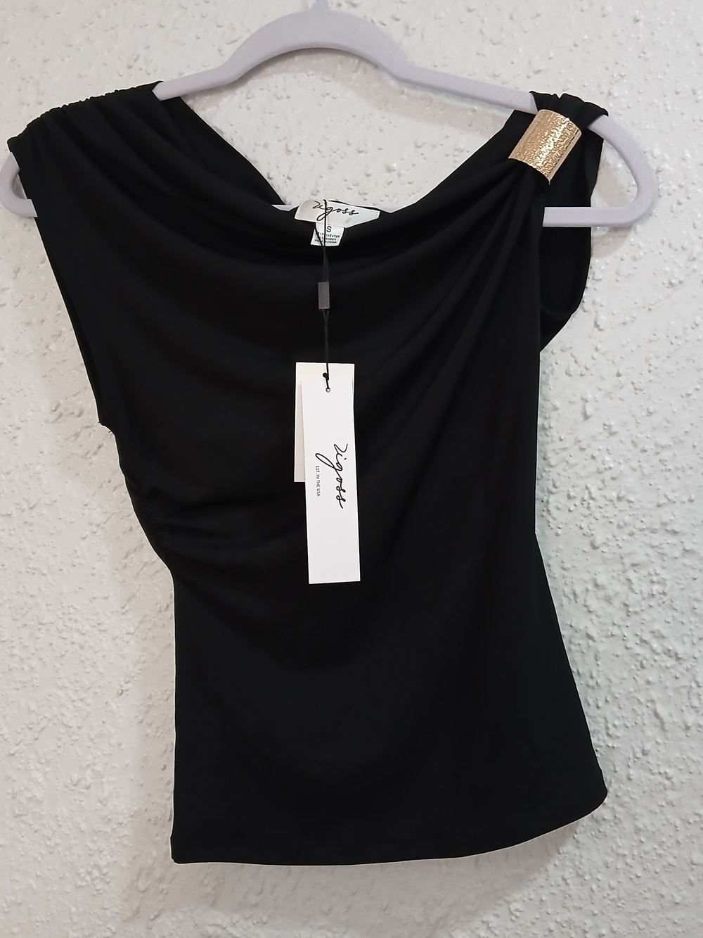 Vigoss Elegant Black One-Shoulder Drape Top - Size S (NWT)